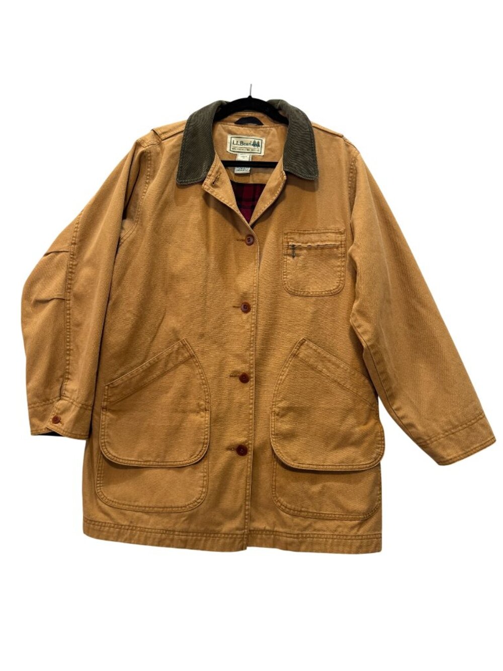 L.L. Bean Original Field Coat Womens 1X 1990s Tan Canvas Plaid Flannel Lining